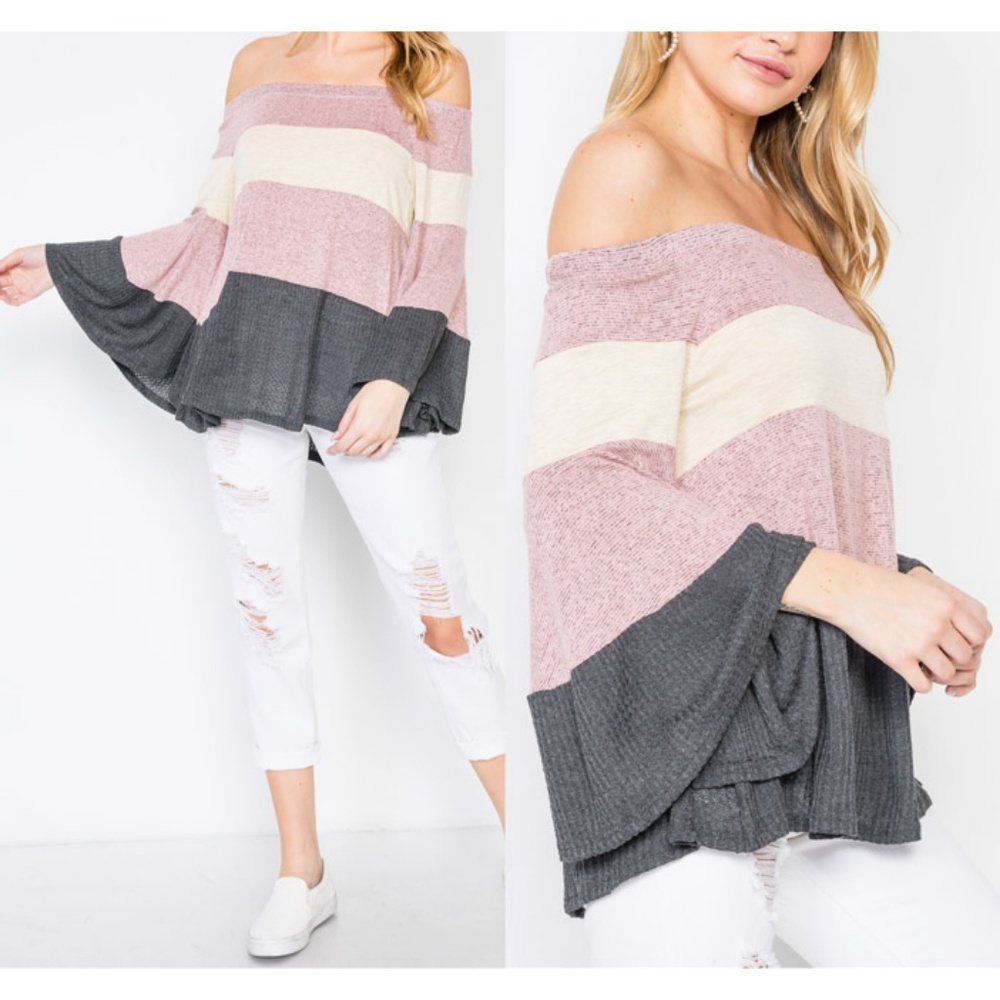 Soft Cozy Off Shoulder Color Block Bell Sleeve Top - Picture 7 of 8